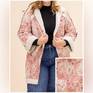 ✨NWT Gorgeous Floral Pink & Cream Women's Fleece-lined Hooded Coat w Zipper